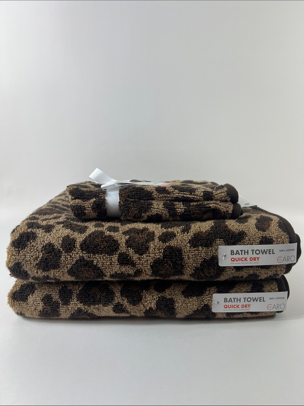 Caro Home Bath Towels Brown Tan Leopard Print Quick Dry Cotton 4 Pc Set NEW